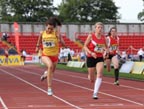 Sydney Robertson brings Northumberland home first in the Junior Girls 4x100 metres relay at the 2011 Aviva English Schools' 81st Track and Field Championships, Gateshead International Stadium